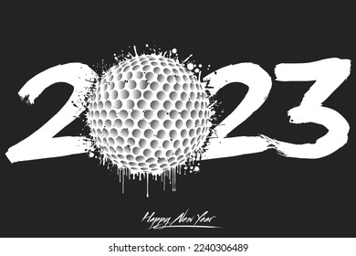 Números 2023 y una bola de golf abstracta hecha de manchas de estilo grunge. Logo de texto de diseño Feliz Año Nuevo 2023. Plantilla para tarjeta de saludo, banner, afiche. Ilustración del vector en el fondo aislado