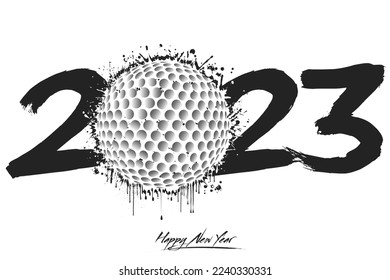 Numbers 2023 and a abstract golf ball made of blots in grunge style. Design text logo Happy New Year 2023. Template for greeting card, banner, poster. Vector illustration on isolated background