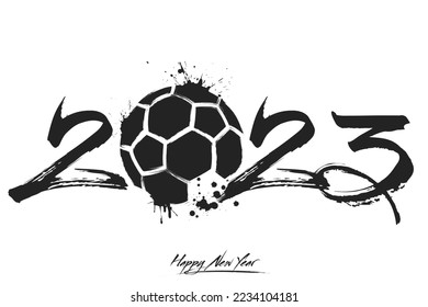 Numbers 2023 and a abstract handball ball made of blots in grunge style. Design text logo Happy New Year 2023. Template for greeting card, banner, poster. Vector illustration on isolated background