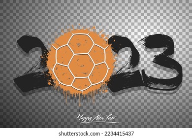 Numbers 2023 and a abstract handball ball made of blots in grunge style. Design text logo Happy New Year 2023. Template for greeting card, banner, poster. Vector illustration on isolated background