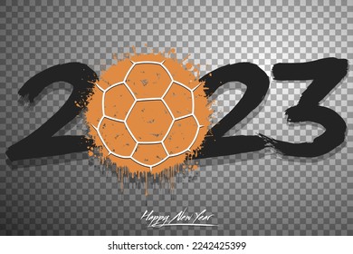Numbers 2023 and a abstract handball ball made of blots in grunge style. Design text logo Happy New Year 2023. Template for greeting card, banner, poster. Vector illustration on isolated background