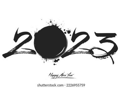 Numbers 2023 and a abstract hockey puck made of blots in grunge style. Design text logo Happy New Year 2023. Template for greeting card, banner, poster. Vector illustration on isolated background