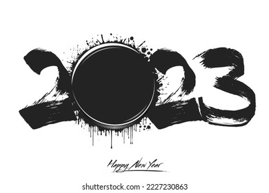 Numbers 2023 and a abstract hockey puck made of blots in grunge style. Design text logo Happy New Year 2023. Template for greeting card, banner, poster. Vector illustration on isolated background