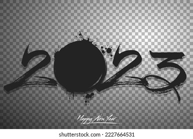 Numbers 2023 and a abstract hockey puck made of blots in grunge style. Design text logo Happy New Year 2023. Template for greeting card, banner, poster. Vector illustration on isolated background