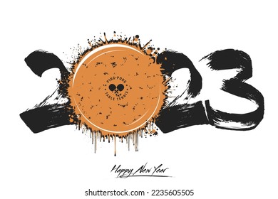 Numbers 2023 and a abstract ping-pong ball made of blots in grunge style. Design text logo Happy New Year 2023. Template for greeting card, banner, poster. Vector illustration on isolated background