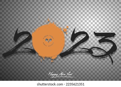 Numbers 2023 and a abstract ping-pong ball made of blots in grunge style. Design text logo Happy New Year 2023. Template for greeting card, banner, poster. Vector illustration on isolated background