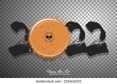 Numbers 2023 and a abstract ping-pong ball made of blots in grunge style. Design text logo Happy New Year 2023. Template for greeting card, banner, poster. Vector illustration on isolated background