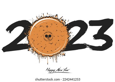 Numbers 2023 and a abstract ping-pong ball made of blots in grunge style. Design text logo Happy New Year 2023. Template for greeting card, banner, poster. Vector illustration on isolated background