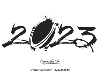 Numbers 2023 and a abstract rugby ball made of blots in grunge style. Design text logo Happy New Year 2023. Template for greeting card, banner, poster. Vector illustration on isolated background