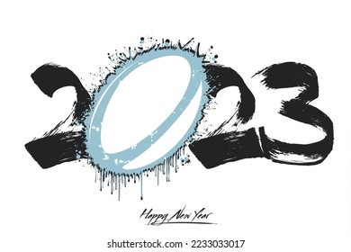 Numbers 2023 and a abstract rugby ball made of blots in grunge style. Design text logo Happy New Year 2023. Template for greeting card, banner, poster. Vector illustration on isolated background