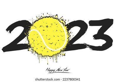Numbers 2023 and a abstract tennis ball made of blots in grunge style. Design text logo Happy New Year 2023. Template for greeting card, banner, poster. Vector illustration on isolated background