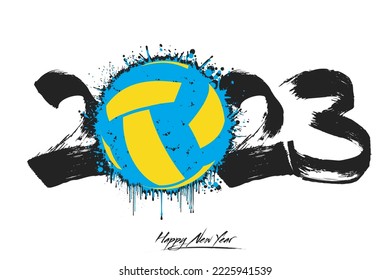 Numbers 2023 and a abstract volleyball ball made of blots in grunge style. Design text logo Happy New Year 2023. Template for greeting card, banner, poster. Vector illustration on isolated background