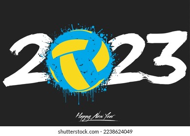 Numbers 2023 and a abstract volleyball ball made of blots in grunge style. Design text logo Happy New Year 2023. Template for greeting card, banner, poster. Vector illustration on isolated background