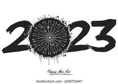 Numbers 2023 and a abstract wheel bike made of blots in grunge style. Design text logo Happy New Year 2023. Template for greeting card, banner, poster. Vector illustration on isolated background