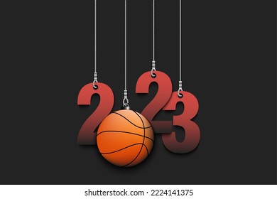 Numbers 2023 and basketball ball as a Christmas decorations are hanging on strings. New Year 2023 are hang on cords. Template design for greeting card. Vector illustration on isolated background