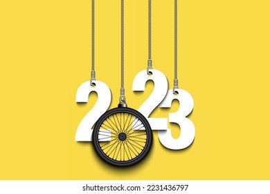 Numbers 2023 and bike wheel as a Christmas decorations are hanging on strings. New Year 2023 are hang on cords. Template design for greeting card. Vector illustration on isolated background