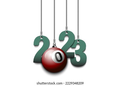 Numbers 2023 and billiard ball as a Christmas decorations are hanging on strings. New Year 2023 are hang on cords. Template design for greeting card. Vector illustration on isolated background