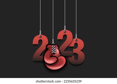 Numbers 2023 and boxing glove as a Christmas decorations are hanging on strings. New Year 2023 are hang on cords. Template design for greeting card. Vector illustration on isolated background