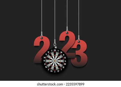 Numbers 2023 and dartboard as a Christmas decorations are hanging on strings. New Year 2023 are hang on cords. Template design for greeting card. Vector illustration on isolated background