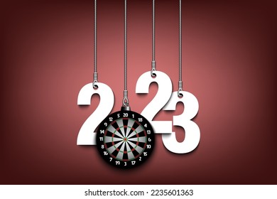 Numbers 2023 and dartboard as a Christmas decorations are hanging on strings. New Year 2023 are hang on cords. Template design for greeting card. Vector illustration on isolated background