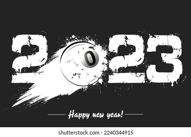 Numbers 2023 and flying abstract billiard ball made from blots with by milky way in grunge style. Happy New Year 2023. Design template for greeting card. Vector illustration on isolated background