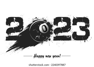 Numbers 2023 and flying abstract billiard ball made from blots with by milky way in grunge style. Happy New Year 2023. Design template for greeting card. Vector illustration on isolated background
