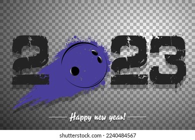Numbers 2023 and flying abstract bowling ball made from blots with by milky way in grunge style. Happy New Year 2023. Design template for greeting card. Vector illustration on isolated background