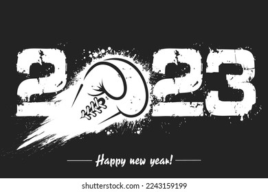 Numbers 2023 and flying abstract boxing glove made from blots with by milky way in grunge style. Happy New Year 2023. Design template for greeting card. Vector illustration on isolated background