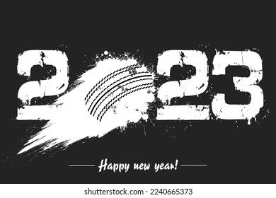 Números 2023 y bola de cricket abstracta volando hecha de manchas con de manera lechosa en estilo grunge. Feliz Año Nuevo 2023. Plantilla de diseño para tarjeta de felicitación. Ilustración del vector en el fondo aislado
