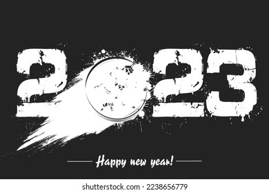 Numbers 2023 and flying abstract hockey puck made from blots with by milky way in grunge style. Happy New Year 2023. Design template for greeting card. Vector illustration on isolated background