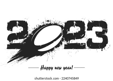 Numbers 2023 and flying abstract rugby ball made from blots with by milky way in grunge style. Happy New Year 2023. Design template for greeting card. Vector illustration on isolated background