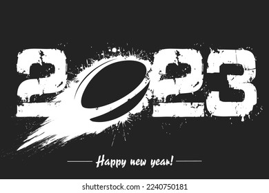 Numbers 2023 and flying abstract rugby ball made from blots with by milky way in grunge style. Happy New Year 2023. Design template for greeting card. Vector illustration on isolated background