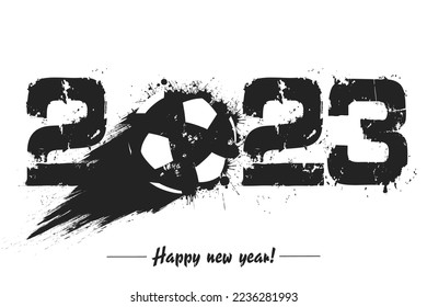 Numbers 2023 and flying abstract soccer ball made from blots with by milky way in grunge style. Happy New Year 2023. Design template for greeting card. Vector illustration on isolated background