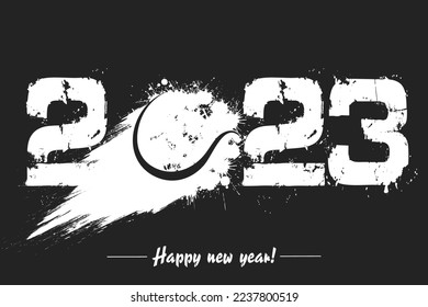 Numbers 2023 and flying abstract tennis ball made from blots with by milky way in grunge style. Happy New Year 2023. Design template for greeting card. Vector illustration on isolated background
