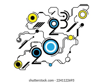 The numbers 2023 in the form of an electrical diagram on a white background. Vector illustration