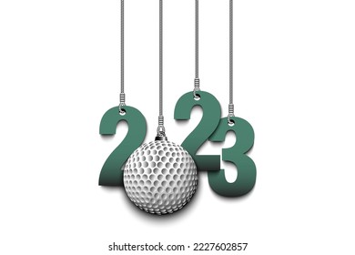 Numbers 2023 and golf ball as a Christmas decorations are hanging on strings. New Year 2023 are hang on cords. Template design for greeting card. Vector illustration on isolated background