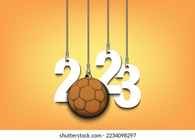 Los números 2023 y el balonmano como decoración navideña están colgando de cuerdas. El Año Nuevo 2023 está colgado de cuerdas. Diseño de plantilla para tarjeta de felicitación. Ilustración del vector en el fondo aislado