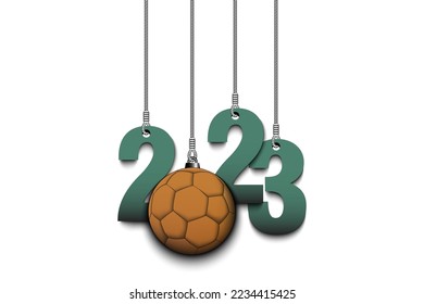 Los números 2023 y el balonmano como decoración navideña están colgando de cuerdas. El Año Nuevo 2023 está colgado de cuerdas. Diseño de plantilla para tarjeta de felicitación. Ilustración del vector en el fondo aislado