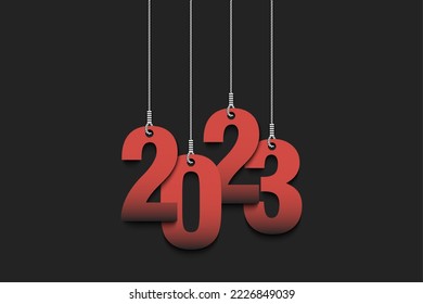 Numbers 2023 are hanging on strings. New Year 2023 are hang on cords. Template design for greeting card. Vector illustration on isolated background