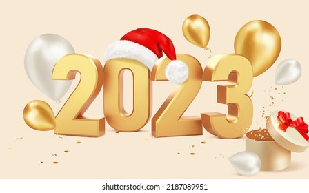 Numbers 2023. Happy New Year 2023. Xmas background with gift, glitter golden confetti, Santa hat and balloons. Realistic vector illustration