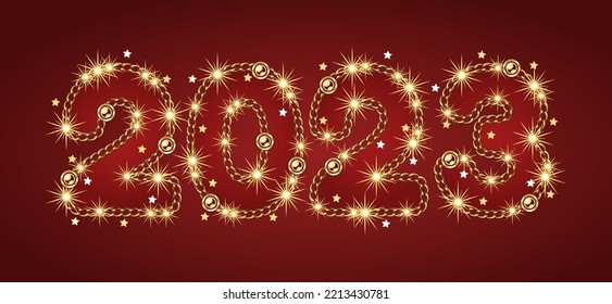 Numbers 2023 Made Of Gold Jewelry Chains, Sparkles, Little Scattered Stars On A Red Background. No Transparency Effect. Vector Illustration