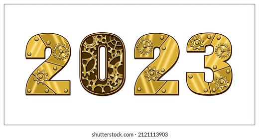 Numbers 2023 made of shiny brass, gold metal plates, gears, cogwheels, rivets in steampunk style. Isolated on white.