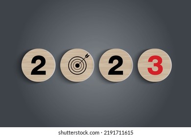 Numbers 2023 on a circular wooden block on a table. For design publications, posters, brochures, catalogues, invitations, websites. Happy New Year 2023 concept, vector illustrator.