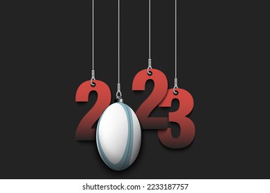 Numbers 2023 and rugby ball as a Christmas decorations are hanging on strings. New Year 2023 are hang on cords. Template design for greeting card. Vector illustration on isolated background