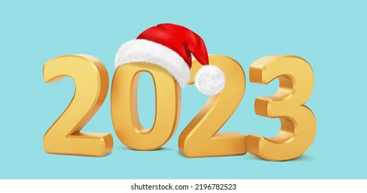 Numbers 2023 with Santa hat. Happy New Year 2023. Realistic vector illustration