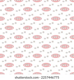 Numbers 2023 seamless pattern. Numbers of the new year with the symbols of the year a cat and a hare peeking out from the number 0 with abstract ovals. Cartoon vector illustration.