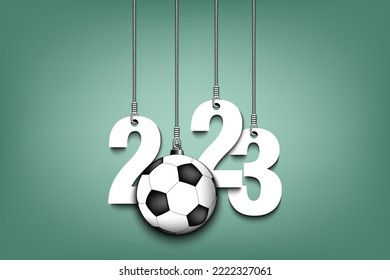 Numbers 2023 and soccer ball as a Christmas decorations are hanging on strings. New Year 2023 are hang on cords. Template design for greeting card. Vector illustration on isolated background