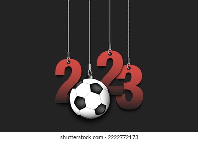 Numbers 2023 and soccer ball as a Christmas decorations are hanging on strings. New Year 2023 are hang on cords. Template design for greeting card. Vector illustration on isolated background