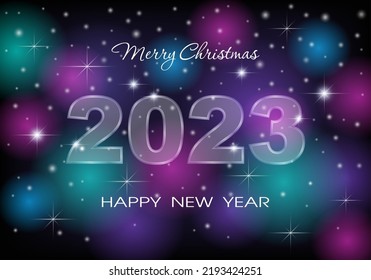 Numbers 2023 with a soft glow. Merry Christmas and Happy New Year. Dark blue background with luminescent glow and stars. New Year greeting card or invitation. Vector illustration.