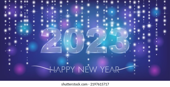 Numbers 2023 with a soft glow. Merry Christmas and Happy New Year. Dark blue background with luminescent stars and glowing garland. New Year greeting card or invitation. Vector illustration.